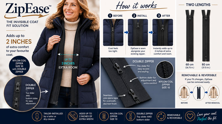 ZipEase - for coats that need a little more width: Canada Goose, Moncler, Mackage & Moose Knuckle Coats etc.
