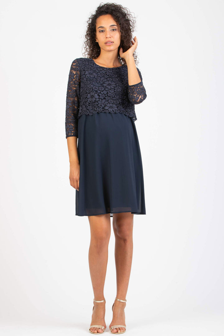 Ava Lace & Chiffon Maternity Nursing Dress In French Navy