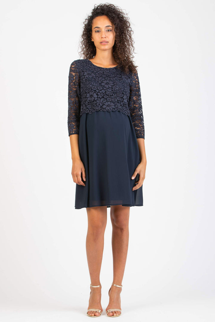 Ava Lace & Chiffon Maternity Nursing Dress In French Navy