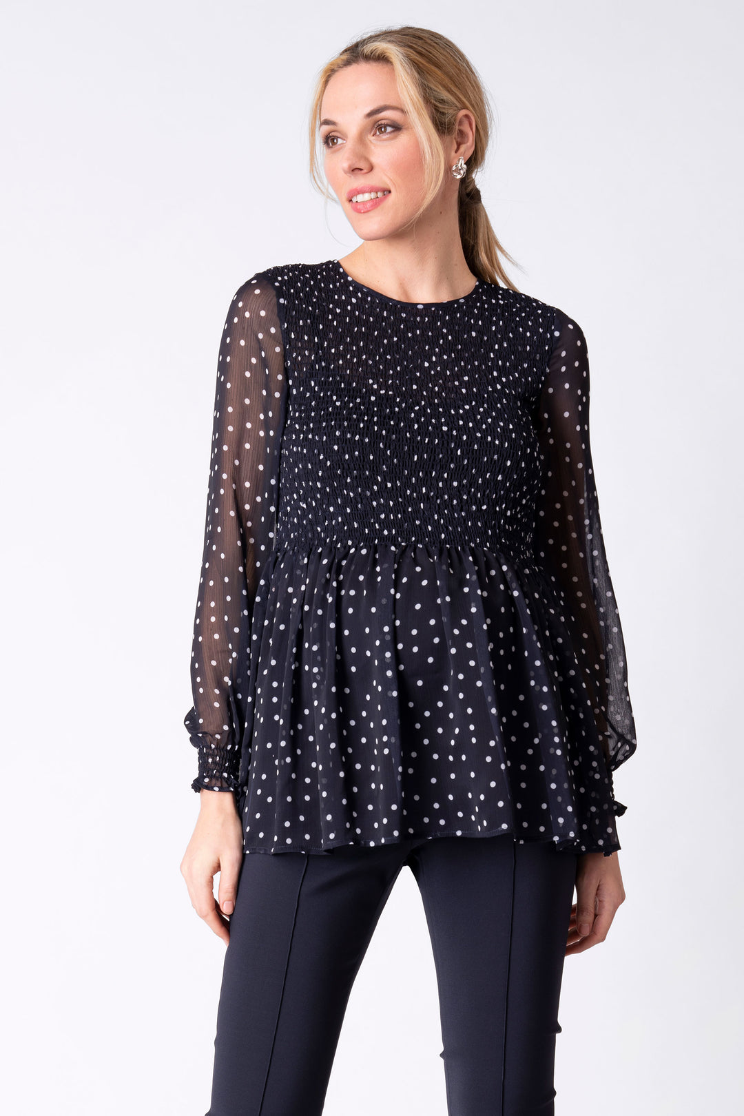 Sarah Navy Shirred Chiffon Maternity Blouse with White Dots