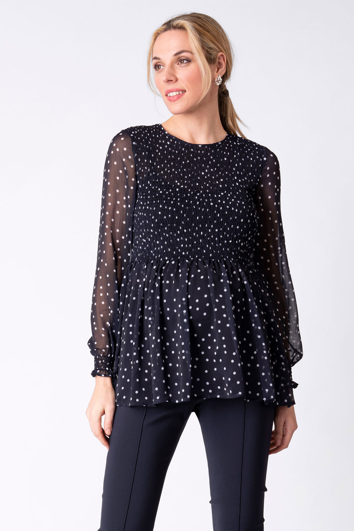Sarah Navy Shirred Chiffon Maternity Blouse with White Dots