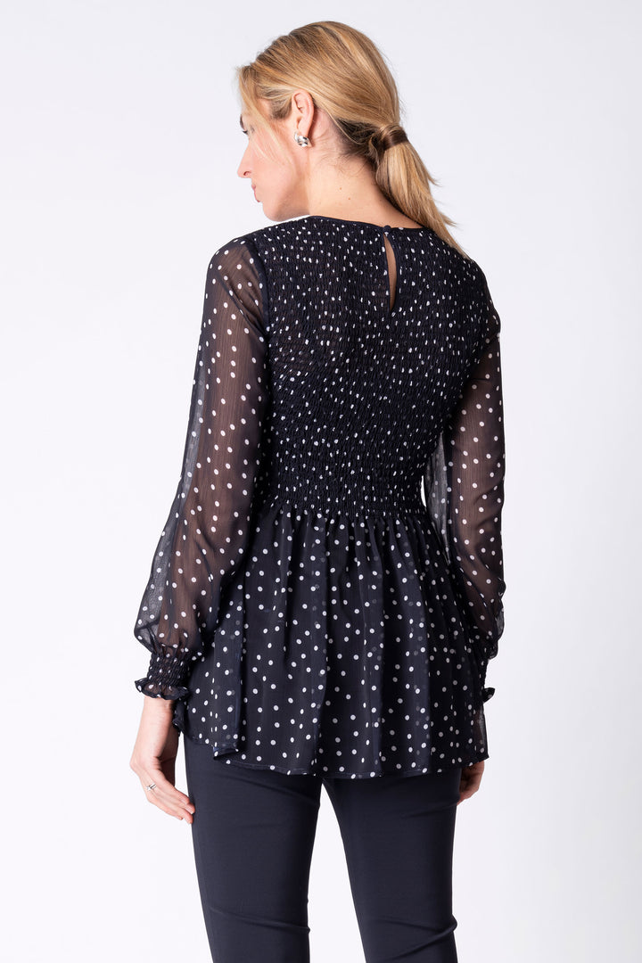 Sarah Navy Shirred Chiffon Maternity Blouse with White Dots