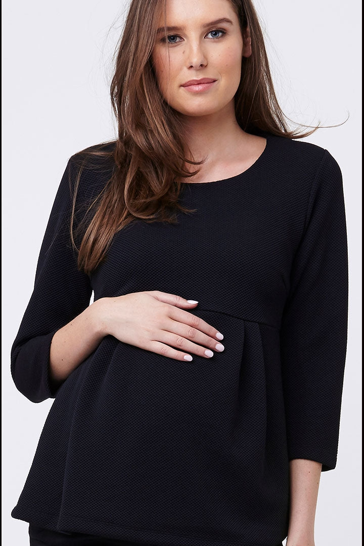 Ripe 3/4 Sleeve Waffle Peplum Maternity Top in Black - Seven Women Maternity