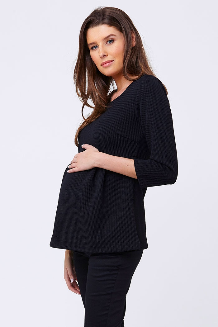 Ripe 3/4 Sleeve Waffle Peplum Maternity Top in Black - Seven Women Maternity