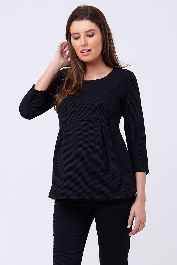 Ripe 3/4 Sleeve Waffle Peplum Maternity Top in Black - Seven Women Maternity